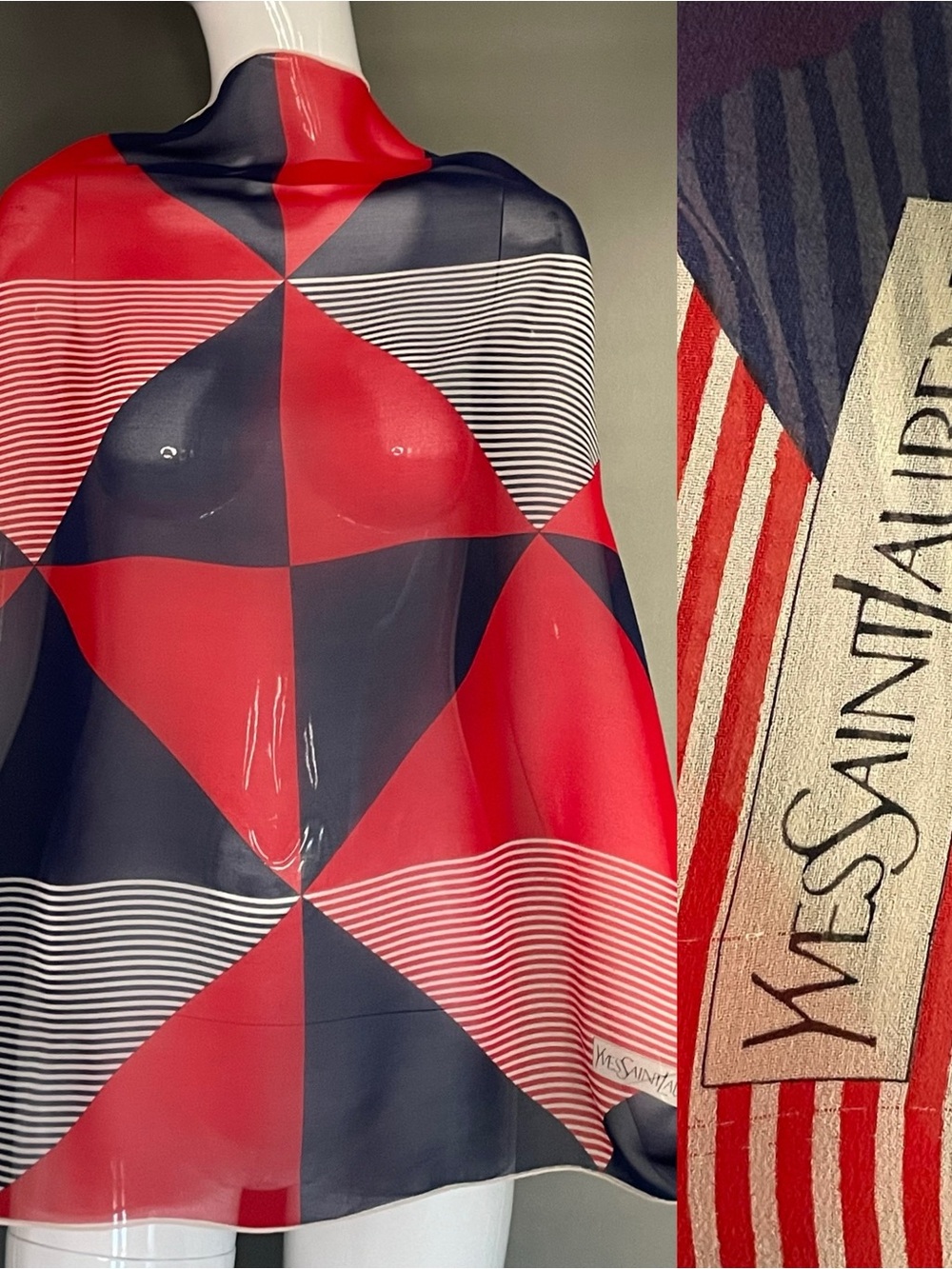 Vintage Yves Saint Laurent Red White Blue Sheer Silk Scarf 30 In Exc Condition
